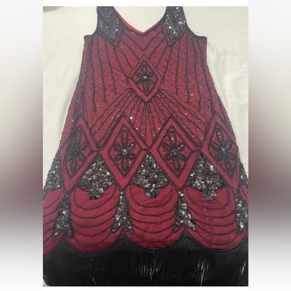 Vampy Gothic Maxi Dress- Black Mesh and Sequins over Red lining w/ Tassels LARGE - Picture 2 of 14